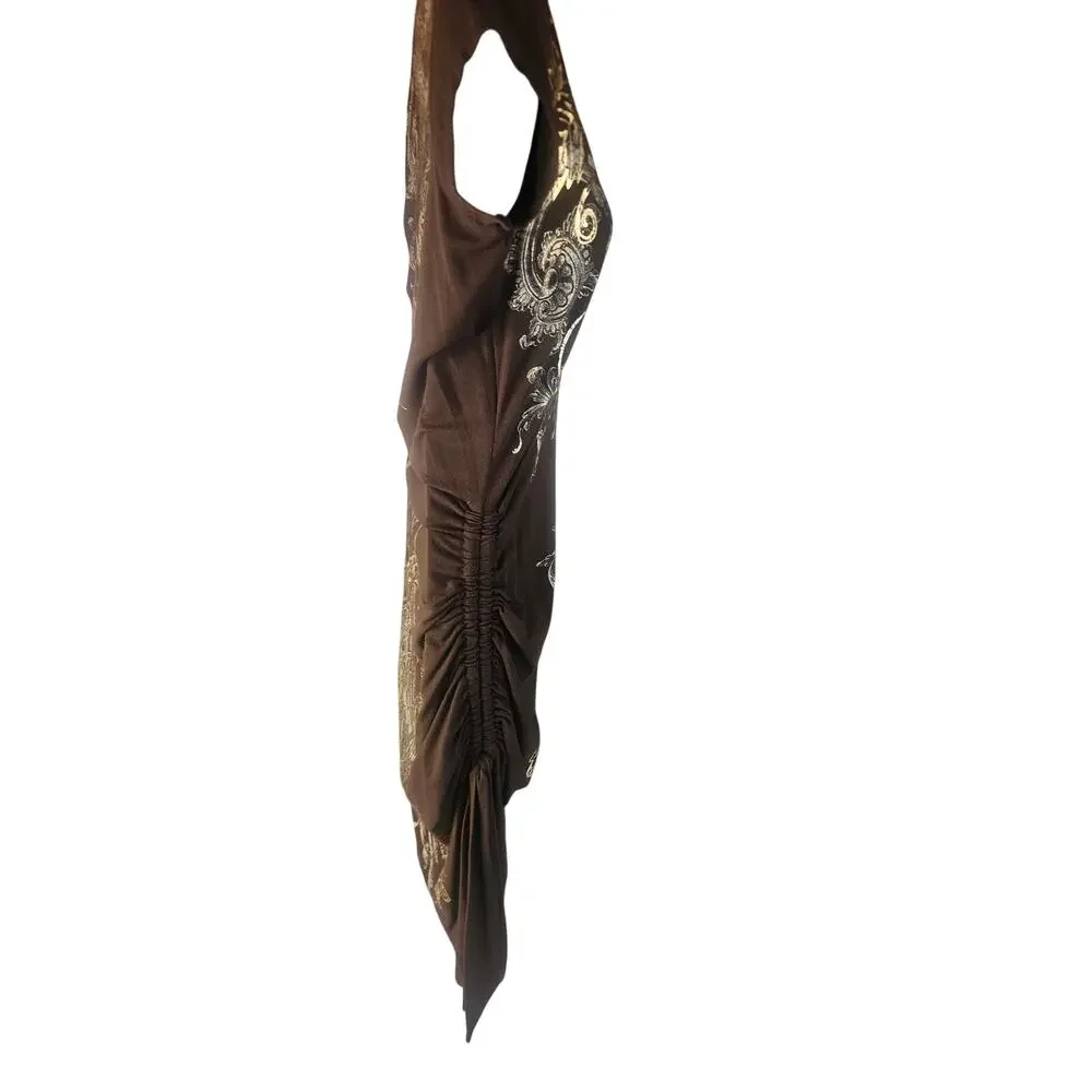 Cache Brown With  Gold Silver Print Bodycon Dress Sz M Stretchy V Neck - Picture 4 of 10